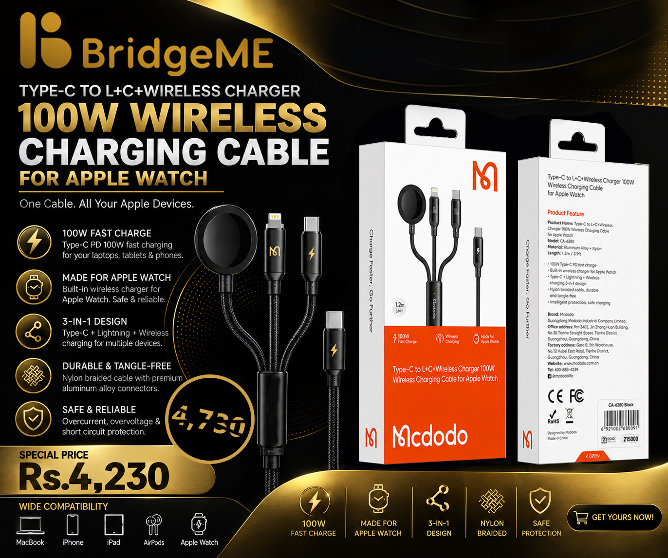 MCDODO 100W TYPE-C TO L+C+WIRELESS CHARGING CABLE FOR APPLE WATCH